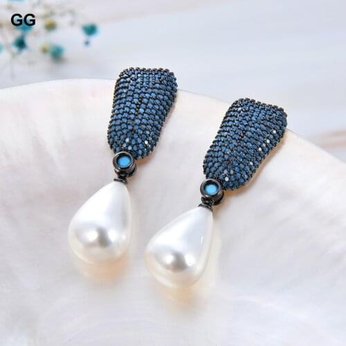 GuaiGuai Jewelry 2.6'' 12x17MM White Sea Shell Pearl Blue CZ Pave Stud Earrings
