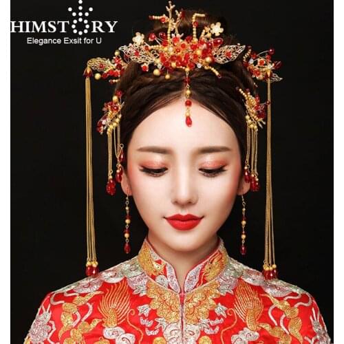 HIMSTORY Gold Color Chinese Style Vintage Wedding Hair Jewelry Accessories Red Pearl Beads Haircomb Hairstick Accessories