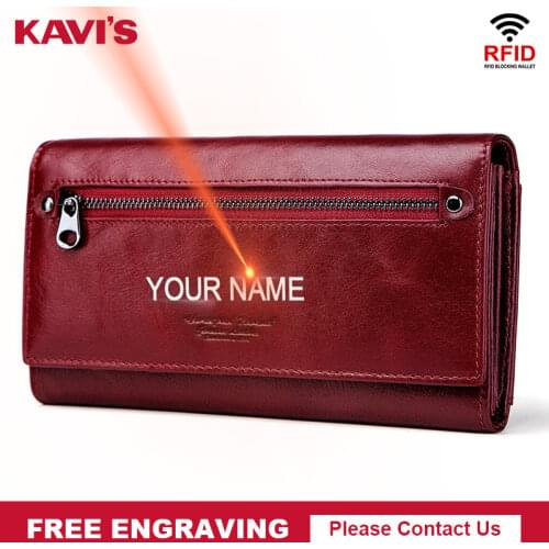 KAVIS Free Engraving Genuine Leather Women Wallet and Purse Female Coin Purse Portomonee Clamp For Money Bag Zipper Handy Perse