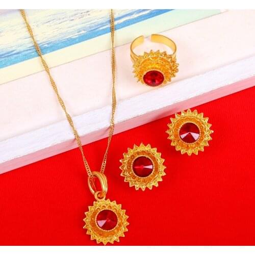 Red Blue Green Stone Ethiopian Gold Jewelry Sets Earrings Pendant Ring Traditional African Habesha Women Gift