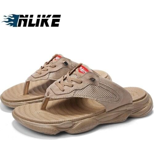 Mens Slippers Outdoor Beach Fashion Outside Shoes Flip Flops Men Slides Split Leather