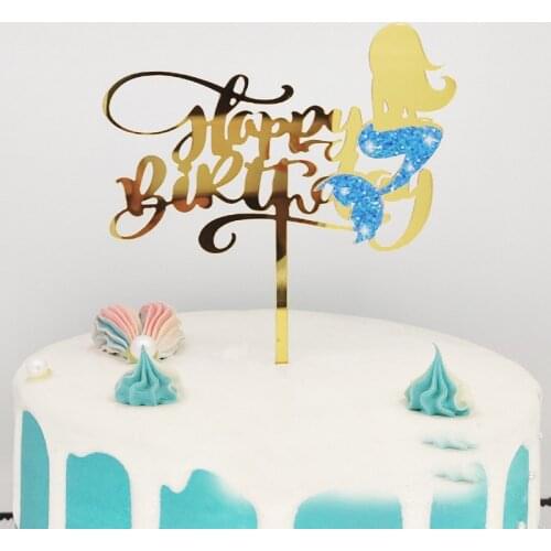New Acrylic Mermaid Happy Birthday Cake Topper Colored Mermaid Cupcake Topper for Girls Birthday Mermaid Party Cake Decorations