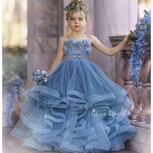 2021 New Blue Flower Girl Dresses For Wedding Handmade Lace Beaded Girls Pageant Gowns Tiers Birthday Wear First Communion Dress