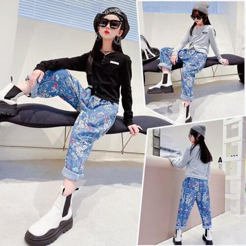 Autumn New Arrival 2021 Girls Fashion Cool Long Sleeved Tops + Jacquard Jeans 2 Piece Set