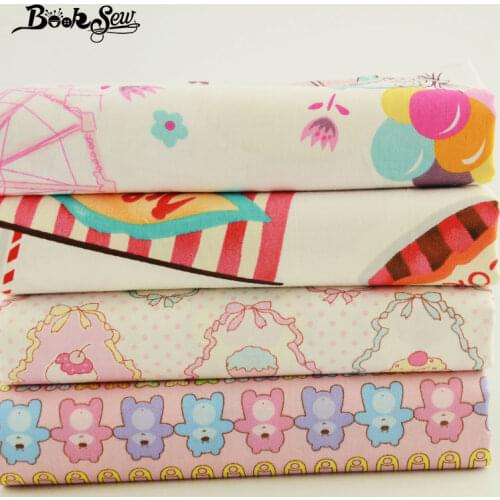 Booksew Cotton Fabric 4 PCS White and Pink Color Cartoon Style Sewing for Girls Dress Patchwork Bedding Desk Decoration Craft