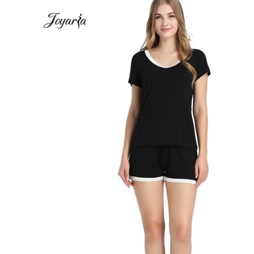 Joyaria Pajamas Women Summer V-Neck Short Sleeves Pyjamas Set Bamboo Sleep Shirt and Bottoms Viscose Pajama Set Pijamas Mujeres
