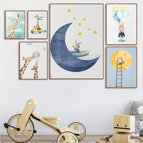 Nordic Baby Giraffe Bubble Rabbit Balloon Wall Art Canvas Painting Moon Star Poster Ladder Art Prints Nursery Kids Room Decor