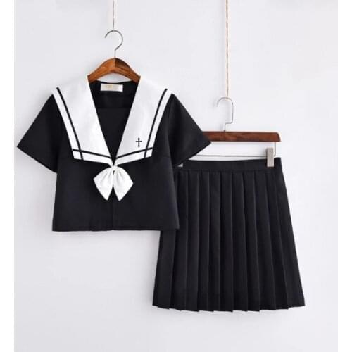 Cross Embroidery School Uniform High School Girl Sailor Suit Cosplay Costume Black Short Long Sleeve Japanese Anime Uniforms