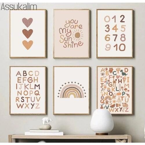 Nordic Canvas Painting Rainbow Posters Heart Poster ABC Alphabet Print Nursery Wall Prints Boho Wall Pictures Kids Room Decor