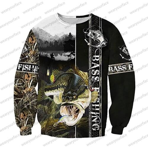 Bass Fishing Hunting 3D All Over Print Crewneck Zipper Hoodies Sweatshirts Outdoor Vocation Sports Streetwear Unisex Men Clothes