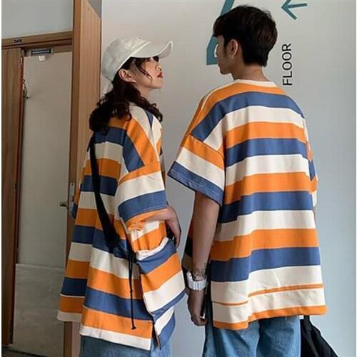 Couple Top Casual Design Summer Loose Striped T-Shirt 2021 New Unisex Everyday All-Match Cotton Clothes Hip Hop Funny Streetwear