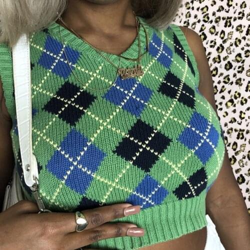 Knitted Cropped Y2k Argyle Sweater Vest Sleeveless V-neck Argyle Vest Sweaters Autumn Preppy Style Clothes Y2k 90s Streetwear