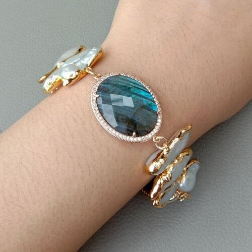YYGEM Natural faceted Labradorite oval Pave Cultured White Biwa freshwater Pearl Wrap Bracelet 8'' handmade for women