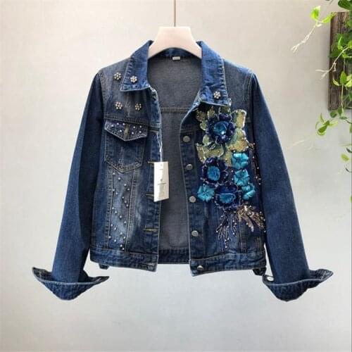 2020 Autumn Women Denim Jacket Embroidery Three Dimensional Flowers Pearl Bead Short Coat Long Sleeve Jeans Jacket Outerwear