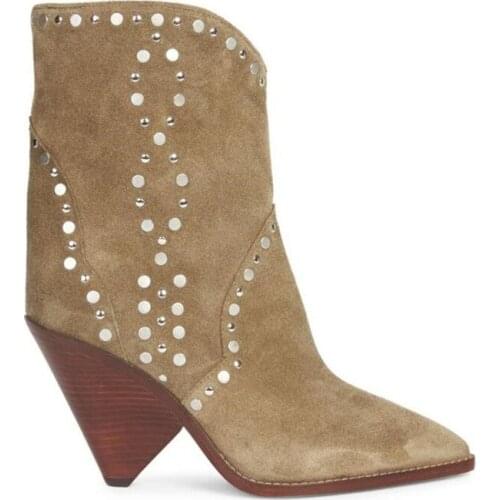 New Designer Brown Suede Studded Ankle Boots Lady Pointed Toe Spike High Heels Shoes Women Slip-on Runway Cowboy Boots For Women