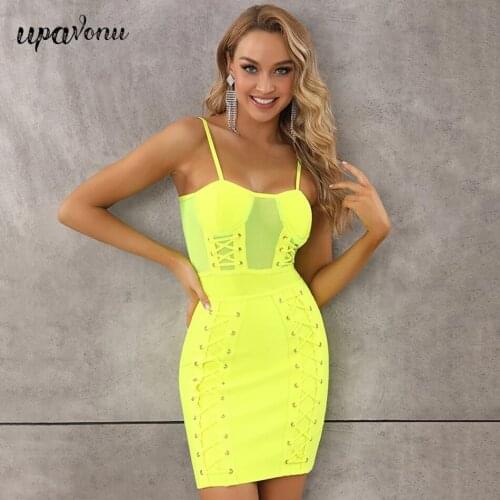 Free Shipping 2021 New Summer Womens Yellow Bandage Dress Sexy Sling Sleeveless Bodycon Tie Dress Club Night Party Vestidos