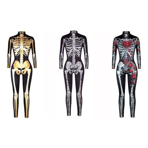 Halloween Skeleton Printed Costumes Bodysuit For Women Long Sleeve Fashion Carnival Party Performance Halloween Cosplay Jumpsuit