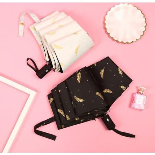 Full Automatic Three Fold Umbrella For Women With Golden Feather Black Glue Sunny Windproof Portable Folding Beach Umbrella
