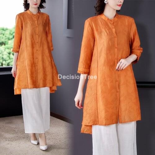 2021 chinese traditional hanfu top+pants sets women qipao robe vintage floral print chiffon long dress cheongsam top pants set