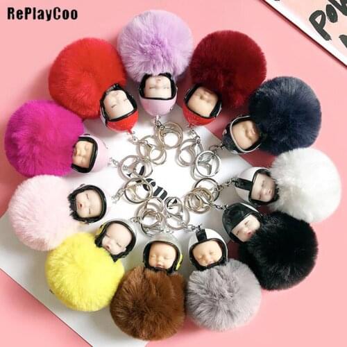5PCS/LOT Plush Keychains Toys Soft Doll Sleeping Baby Stuffed Hairball 8cm Pendant with Cute Helmet By Phone Bags Gifts GMR057