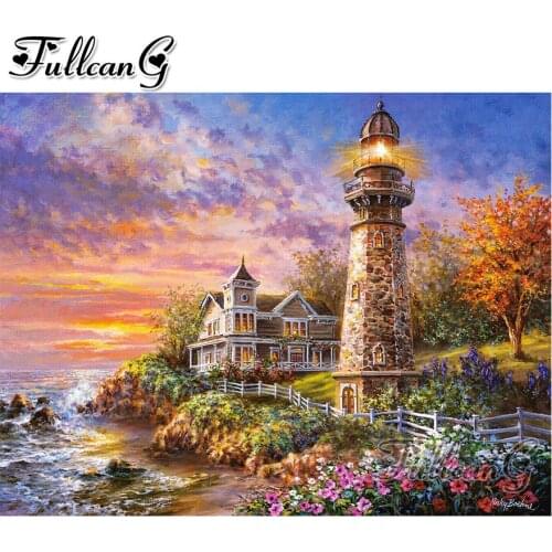 FULLCANG diy 5d diamond painting lighthouse diamond embroidery sale mosaic cross stitch kit full square/round drill decor FC546