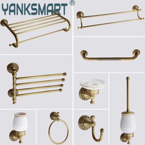 YANKSMART Antique Brass Bathroom Hardware Accessories Sets Toilet Paper Toilet Brush Towel Rack Wall Mounted Combo Kit