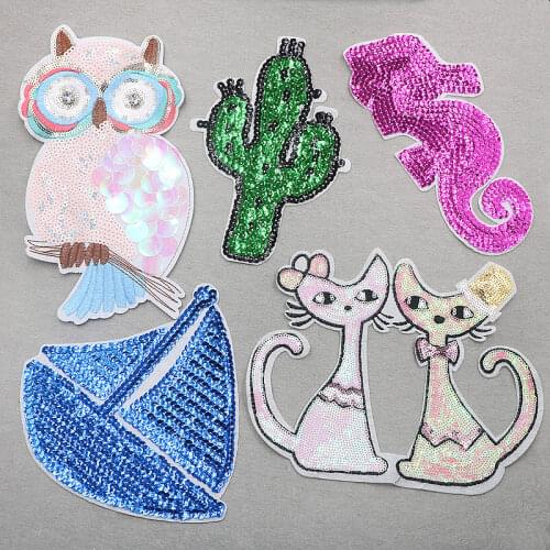 10pcs/lot Large Sequins Embroidery Patches Backpack Clothing Decoration Cactus Sailing Seahorse Iron Heat Transfer Applique