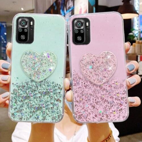 For Xiaomi Redmi Note 10 Pro Case Cute Bling Glitter Heart Holder Cover Xiomi Redmi Note 10 10S Note10 Soft Silicone Phone Cases