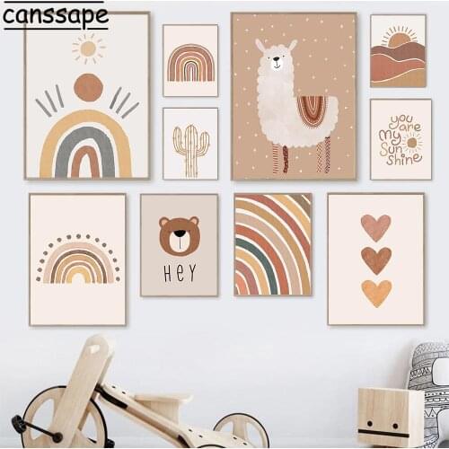 Nursery Wall Art Canvas Painting Alpaca Poster Cactus Print Rainbow Posters Bear Prints Boho Wall Paintings Baby Kids Room Decor