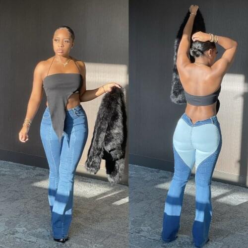 Patchwork Jeans Straight Pants Sexy Women Blue Casual Denim High Street Trousers