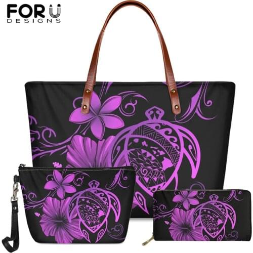 FORUDESIGNS 3pcs/set Brand Designer Polynesian Tribal Harajuku Large Handbag Hawaiian Turtle Hibiscus Plumeria PU Leather Purse