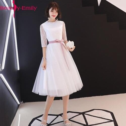 Beauty Emily Charming O Neck Lace Tulle Short Prom Dress 2020 Elegant Short Sleeve Prom Gowns witth Sashes Vestidos De Gala