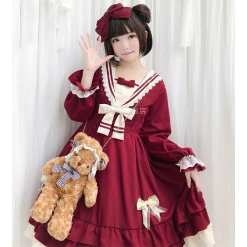Sweet Lolita Dress Vintage Bowknot Kawaii Girl Gothic Lolita OP Lovely Long Sleeve Loli Cosplay Costume Princess Party Dress