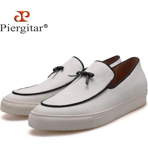PIERGITAR 2018 Handmade white canvas men sneakers with black leather tassel and leather insole white outsole mens casual shoes