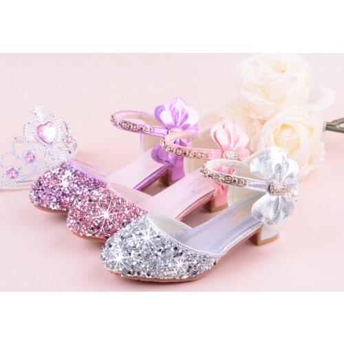 New Children Princess Beading Sandals Kids Flower Wedding Shoes High Heels Dress Shoes Party Shoes for Girls Pink Silver purple