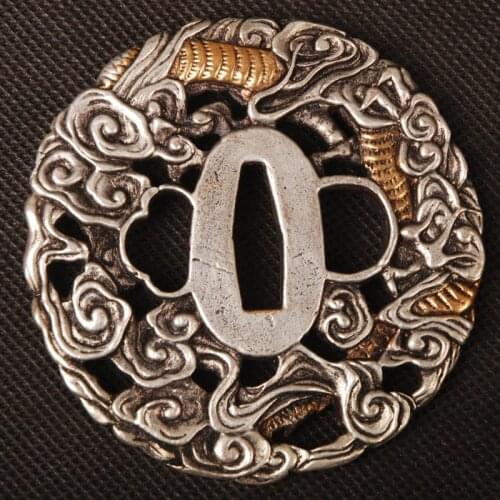 New Hand Guard Carved Dragon & Auspicious Clouds Pattern Gold & Silver Tsuba for Japanese Sword Samurai Katana or Wakizashi