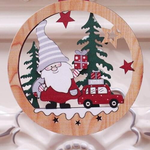 New Christmas Car Gnome Santa Wooden Round Hanging Pendant Cute Cartoon Santa Xmas Hanging Ornament Home Decor Festive Party