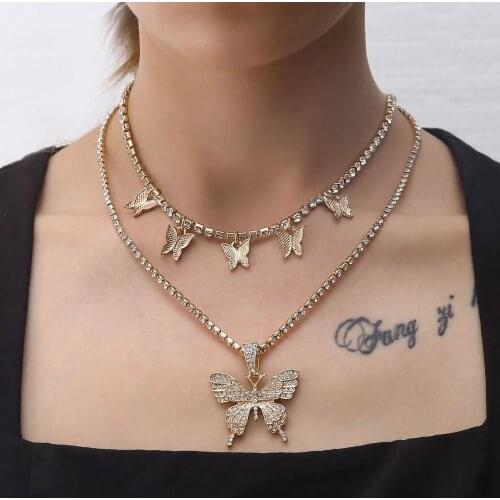 Ocean Cuba Butterfly Necklaces Punk Rhinestone Pendant Choker Necklace For Women Sparkly Crystal Butterfly Jewerly Accessories
