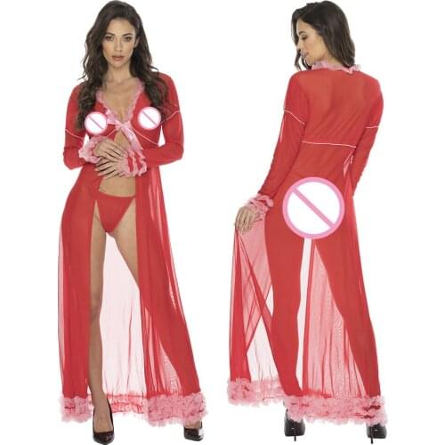 Christmas Costume Sexy Lingerie Nightgown Babydoll Long Robe Ruffles See Through Nightdress Women Santa Xmas Erotic Underwear