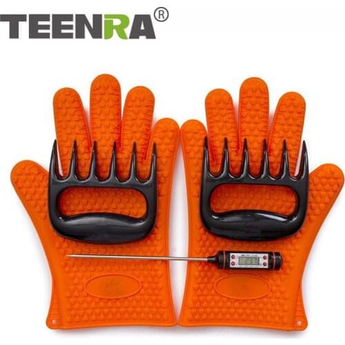 TEENRA Five pieces BBQ Tools Tongs Brush Thermometer Claws Gloves Barbecue Grilling Utensil Camping Outdoor Cooking Tool Set