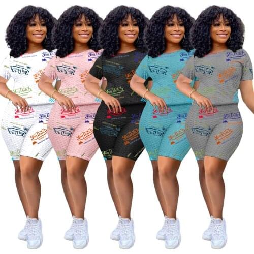 HAOOHU Womens Clothing Fashion New Summer Womens letters Printed Yoga Fabric Leisure Sports Suit Two-piece Suit