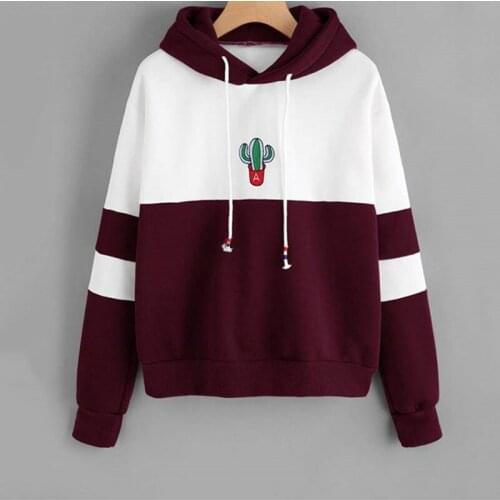 Ladies Casual Sporty Pullovers Sweatshirt Drawstring Color Block Cactus Embroidered Hoodie Spring Autumn Long Sleeve