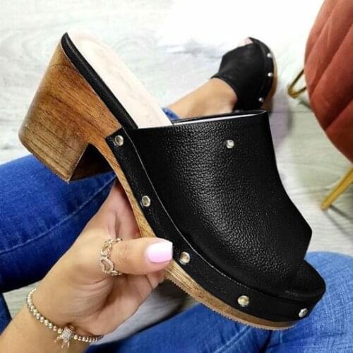 Shoes Woman 2021 Female Slippers Square heel Platform Low On A Wedge New Block Slides PU Fabric Rubber Hoof Heels Rome Low Shoes