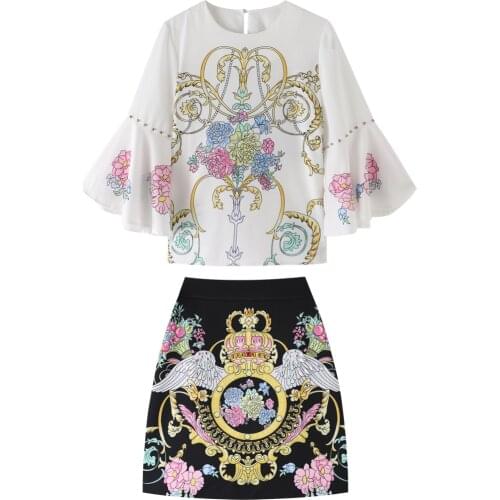 Fashion Summer Skirts Sets Womens Floral Print White Blouses + Black Angels Wings Short Skirts Two Pieces Skirts Suits Outfits