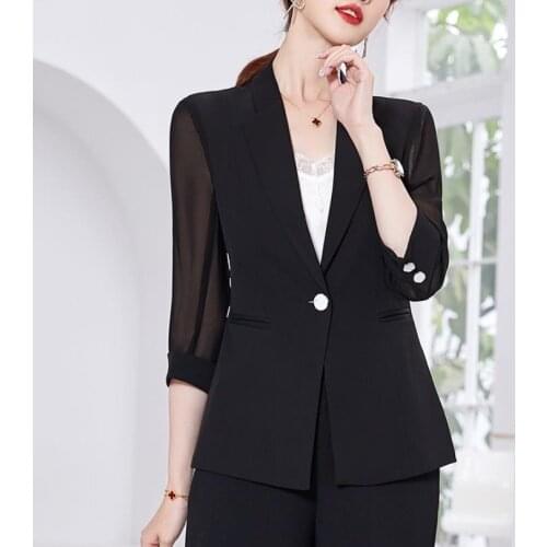 Summer 2021 Korean Style Thin Straight Blazer Feminino White Blazer Notched Black Suit Coat Women Clothes Plus Size