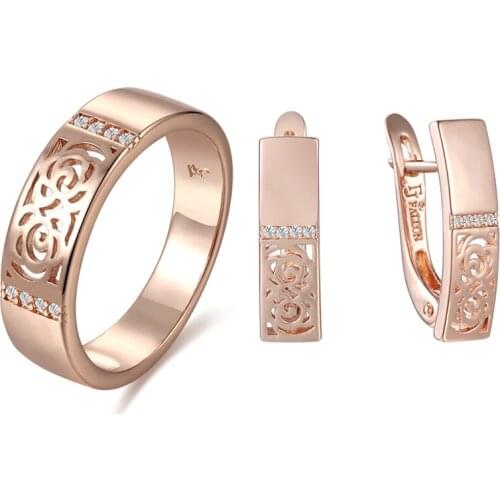 FJ 6mm Women 585 Gold Color Set Jewelry Earrings+Ring Circle Square Cubic Zircon White