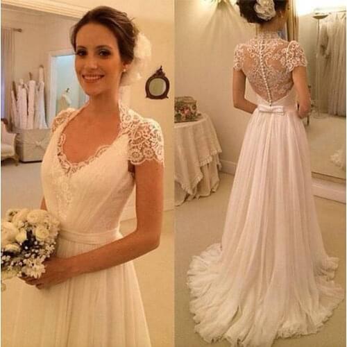 Vintage Hot V Neck Lace Appliques Chiffon See Through Back Formal Bridal Gown Beach Lace Wedding Dresses Vestido de renda