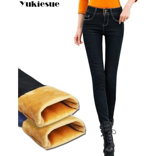 Winter thick elastic warm Jeans woman plus size sexy fleece denim pants women Blue big size cowboy pencil velvet trousers female