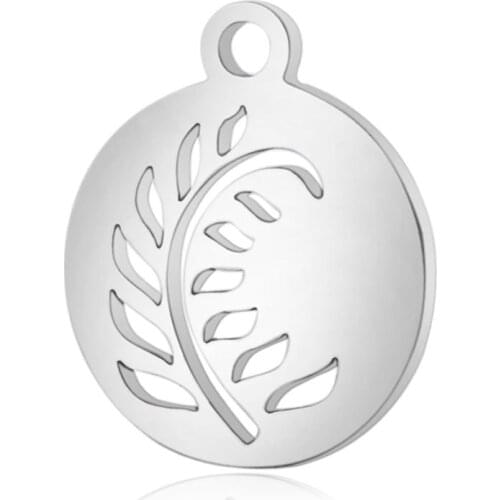 10pcs/lot 12*14mm Stainless Steel Leaf Round Pendant Charms with Hook for DIY Necklace Findings Crafts Jewelry Making Party Gift