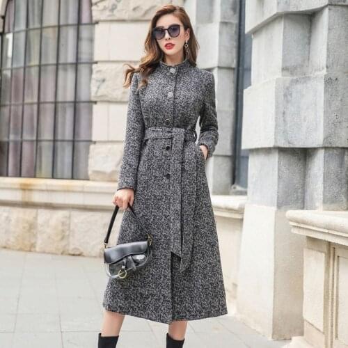 2020 Elegant Slim Long Womens Coats Warm Winter Single Breasted Belted Jackets Office Lady Woolen Top Quality Outerwear Abrigos